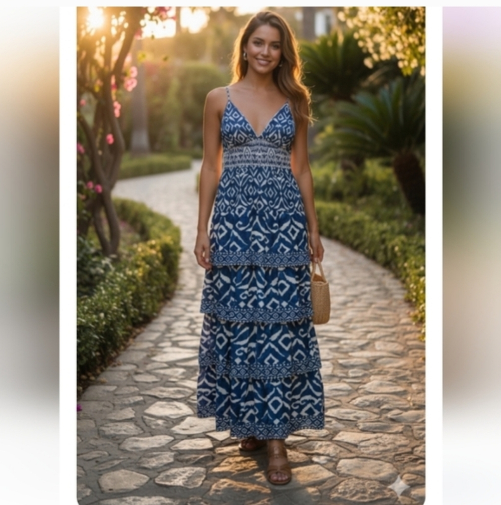 🆕️ House Of Harlow 1960 Blue Patterned Tiered Maxi Dress Size M